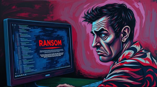 A business owner looking frustrated while seeing a ransomware attack message on their computer.