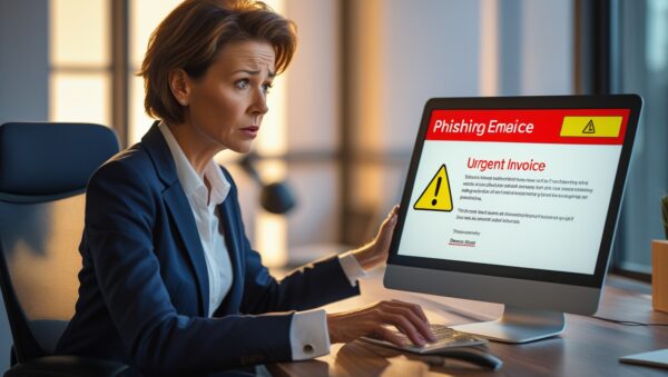 A business professional receiving a phishing email on their laptop, with a highlighted ‘URGENT Invoice’ attachment and a warning sign.
