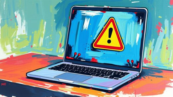 A cybersecurity-themed image of a laptop with a warning sign, representing remote work security risks.