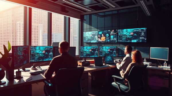 A futuristic office setup with a mix of in-office and remote workers collaborating via virtual screens.