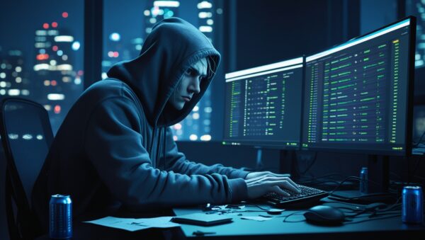 A hacker sitting in front of multiple monitors, analyzing stolen login credentials from a phishing email campaign.