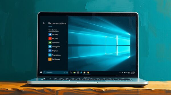 A laptop screen displaying the new and improved Start menu Recommendations feature, highlighting relevant files and apps.