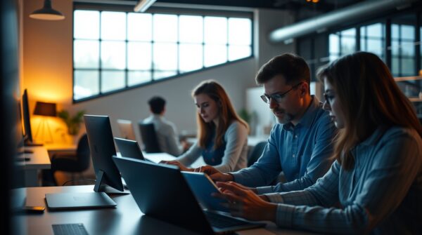 A modern workplace with employees collaborating efficiently, using Windows 11 productivity tools.