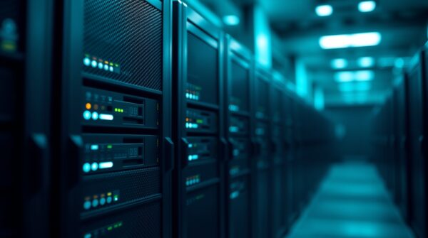 A secure data center with multiple backup servers, representing modern cybersecurity.