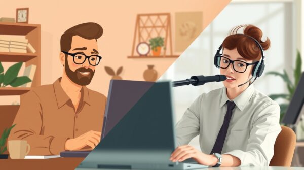 A split-screen illustration showing an employee working from home on one side and an office worker on the other, highlighting the pros and cons of both environments.