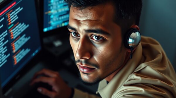 An IT security specialist monitoring backup recovery processes on a screen.