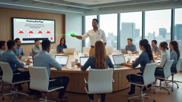 An office cybersecurity training session where employees are learning to recognize phishing red flags on a screen.
