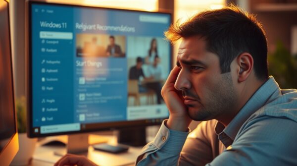 An office worker looking frustrated while using the Windows 11 Start menu, confused by irrelevant recommendations.