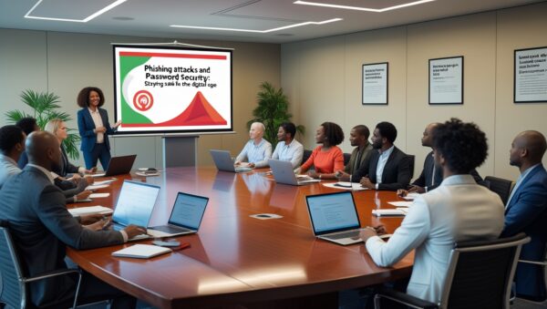 A visual representation of cybersecurity awareness training—employees gathered in a conference room, watching a presentation on phishing attacks and password security