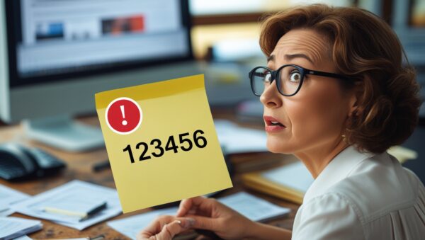 A close-up of an office desk with a sticky note on the monitor displaying a password like '123456.' A coworker glances at it, illustrating weak password habits.