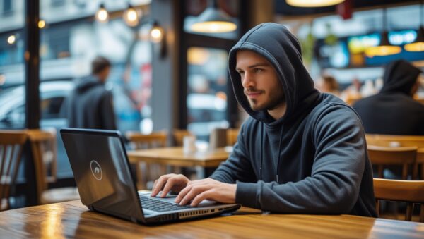 An employee working remotely in a café, using a personal laptop connected to public Wi-Fi. In the background, a hacker with a hooded sweatshirt is watching the screen, symbolizing cybersecurity threats.