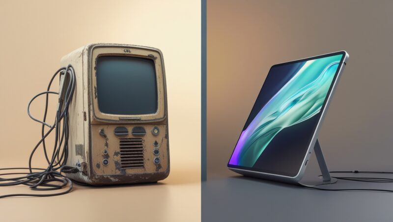 A split image showing an old, slow device on one side and a new, fast device on the other.