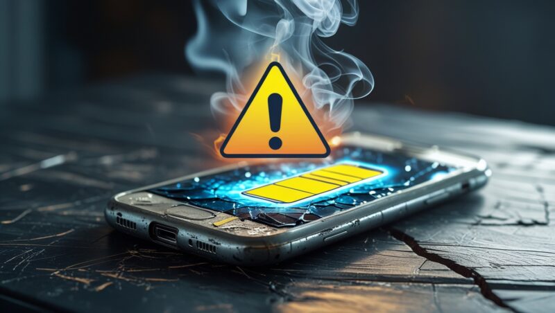 A visual representation of a device overheating, with a warning sign for battery issues.